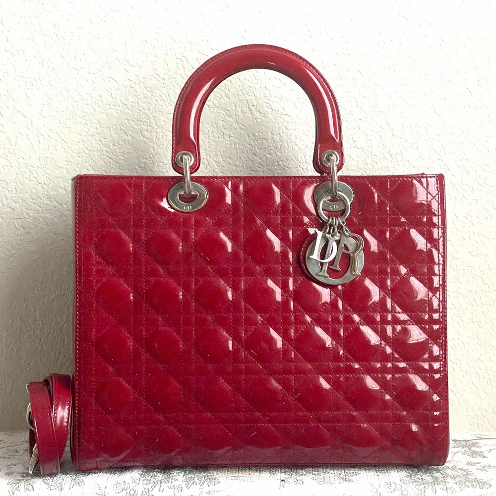 hristian Dior Cannage Lady Dior Large Patent Leather Tote Handbag with Strap